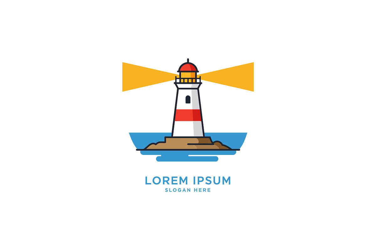 Bright lighthouse standing on a rock, an Illustration by designvectx