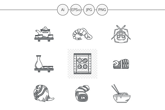 Japanese Restaurant Flat Line Icons