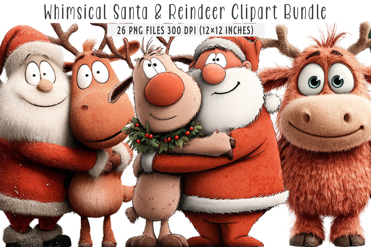 Whimsical Santa & Reindeer Clipart, an Illustration by SinaCreation (Photo 1 of 7)