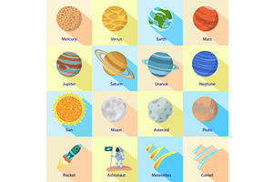 Space Planet Icon Set, Flat Style