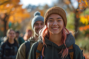 A young woman with pink hair and a brown beanie smiles brightly, surrounded by, a Person Photo by ImageMir