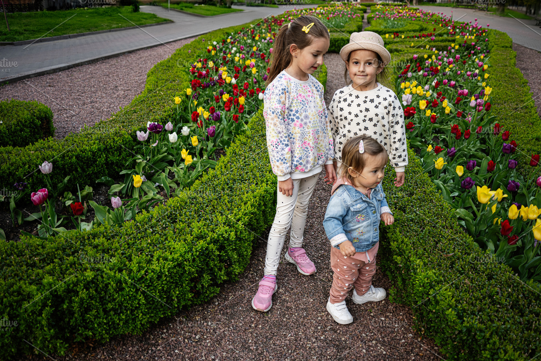 Three young children exploring a vibrant tulip garden on a sunny day, a Person Photo by AS photostudio