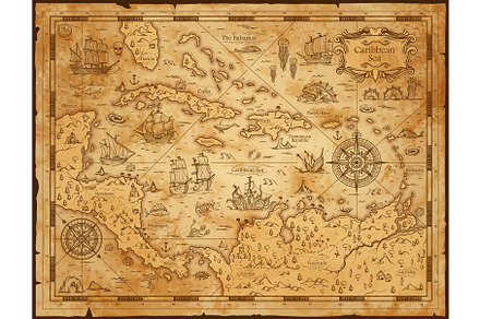 Old vintage map of caribbean sea, an Illustration by Vector Tradition