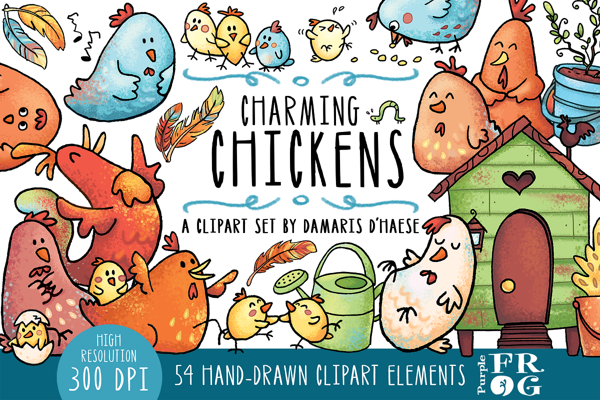 Charming Chickens - Digital Clipart, an Animal Illustration by Purple Frog (Photo 1 of 4)