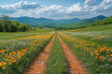 Vibrant spring landscape with blooming flowers and serene sky in the countrysid, a Nature Photo by AlyaAnd