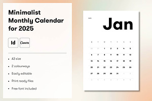Minimalist monthly calendar for 2025, a Templates & Theme by MMS Design Studio