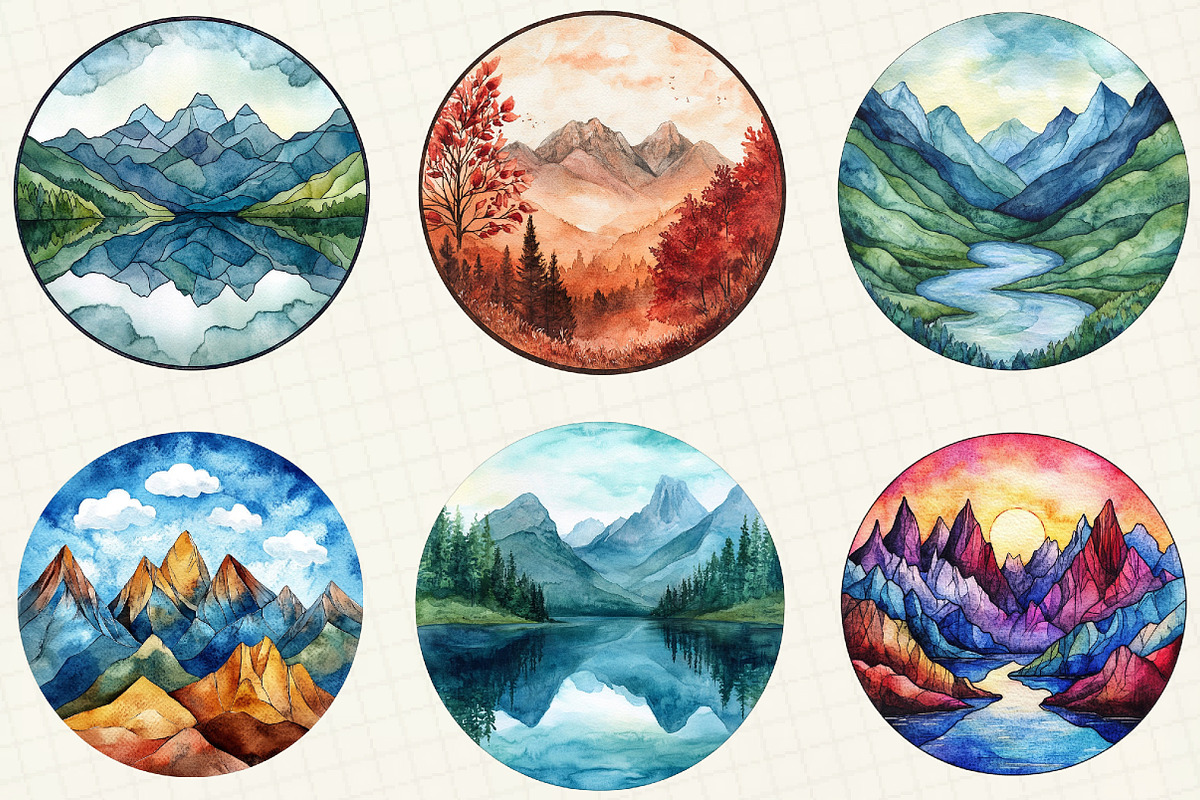 Stained Glass Mountain Scene Clipart, an Illustration by OK Design (Photo 5 of 5)