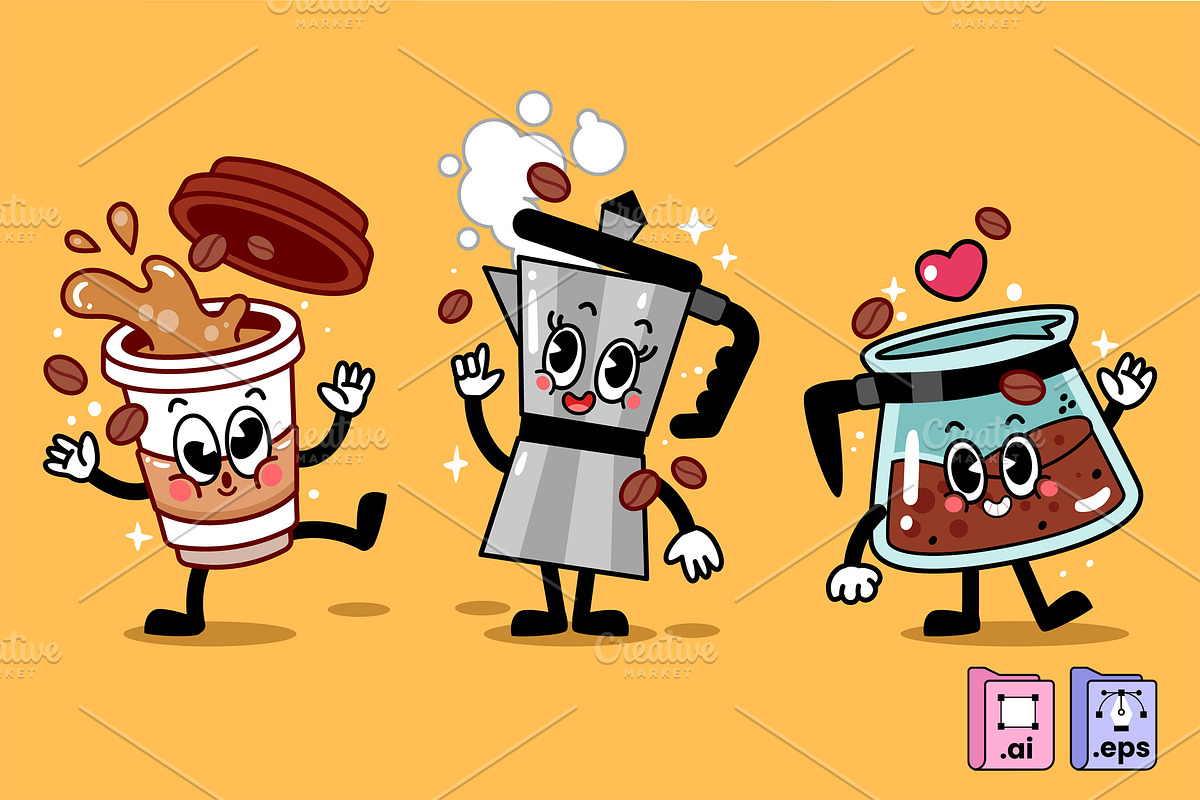 Set of Rubberhose Coffees, an Illustration by MISS CHATZ
