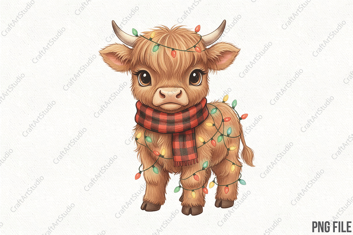 Cute Christmas Highland Cow PNG, an Illustration by CraftArtStudio (Photo 1 of 4)
