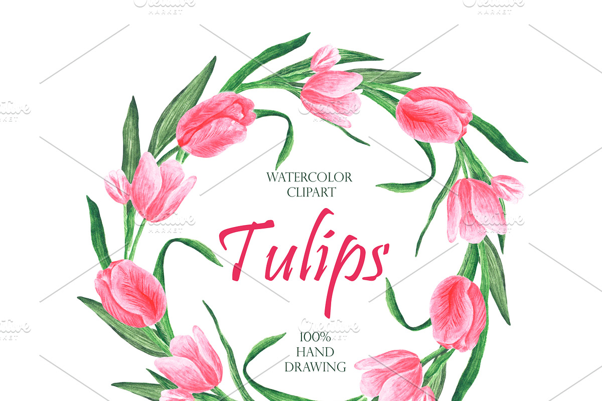 Pink tulips watercolor set. Flowers, an Illustration by SabinaWatercolorArt (Photo 9 of 14)