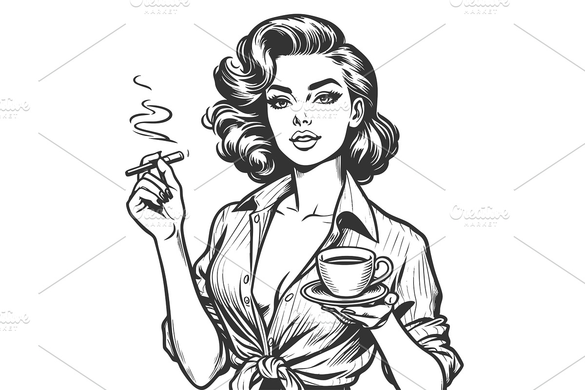Woman with Coffee and Cigarette, a Person Illustration by AlexArt