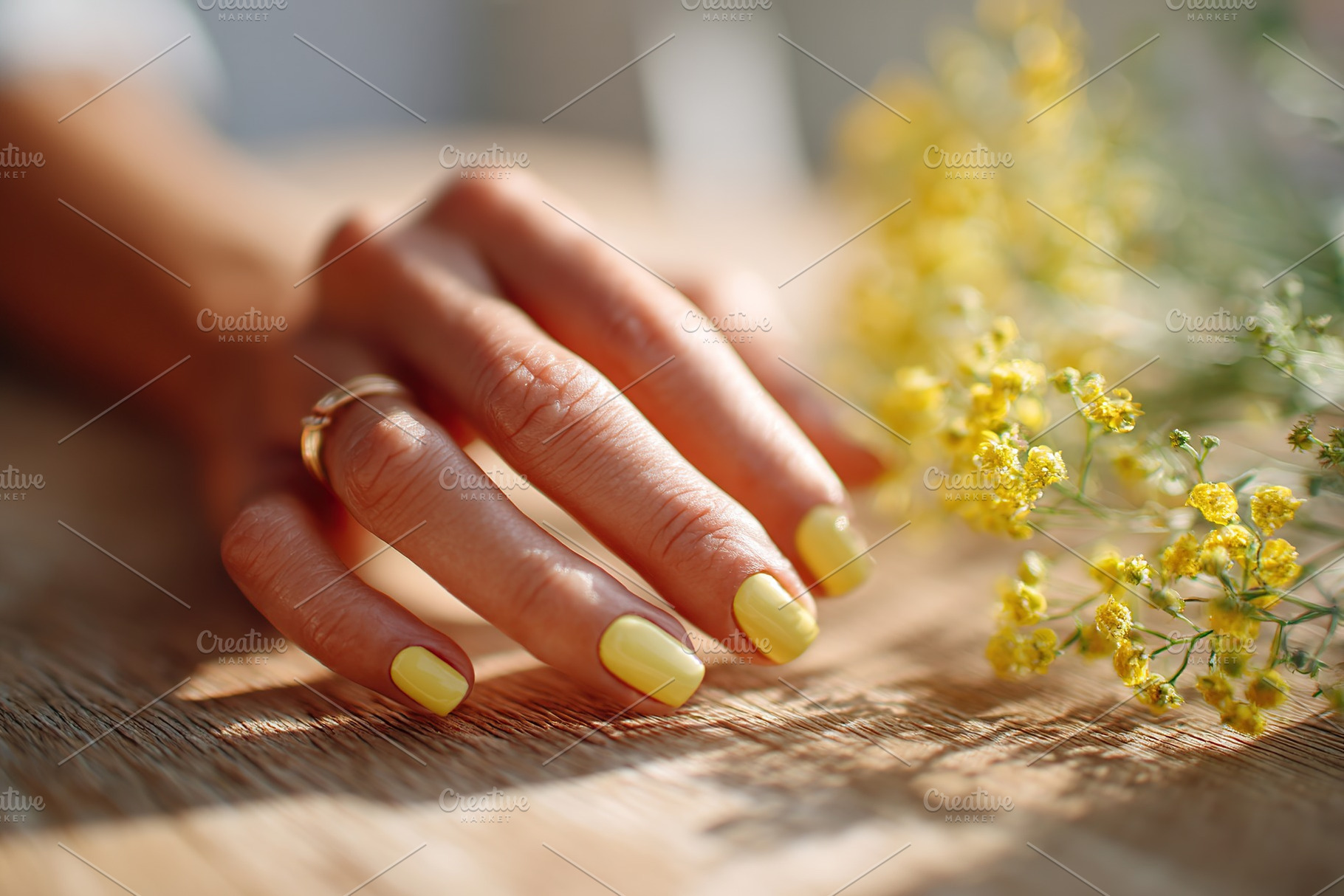 Female hand with bright yellow nails resting near small yellow flowers on a woo, a Beauty & Fashion Photo by AlyaAnd