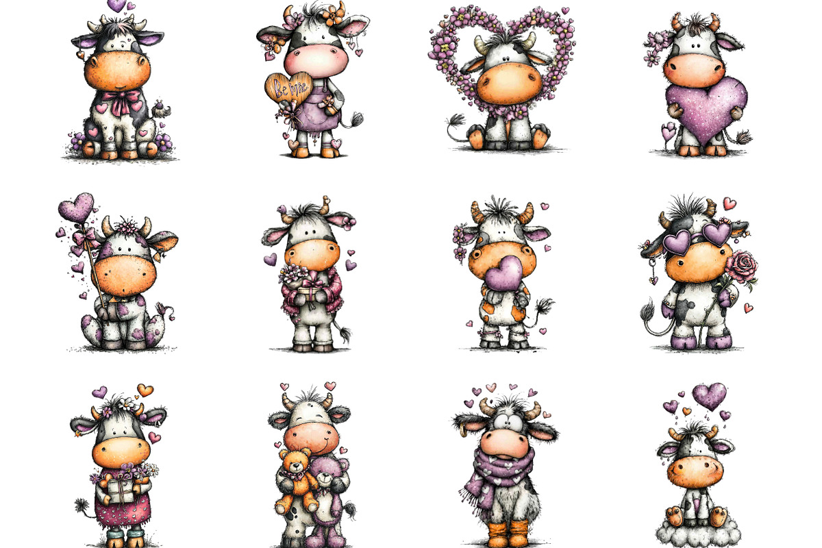 Whimsical Valentine Cow Clipart, an Illustration by Designking (Photo 3 of 5)