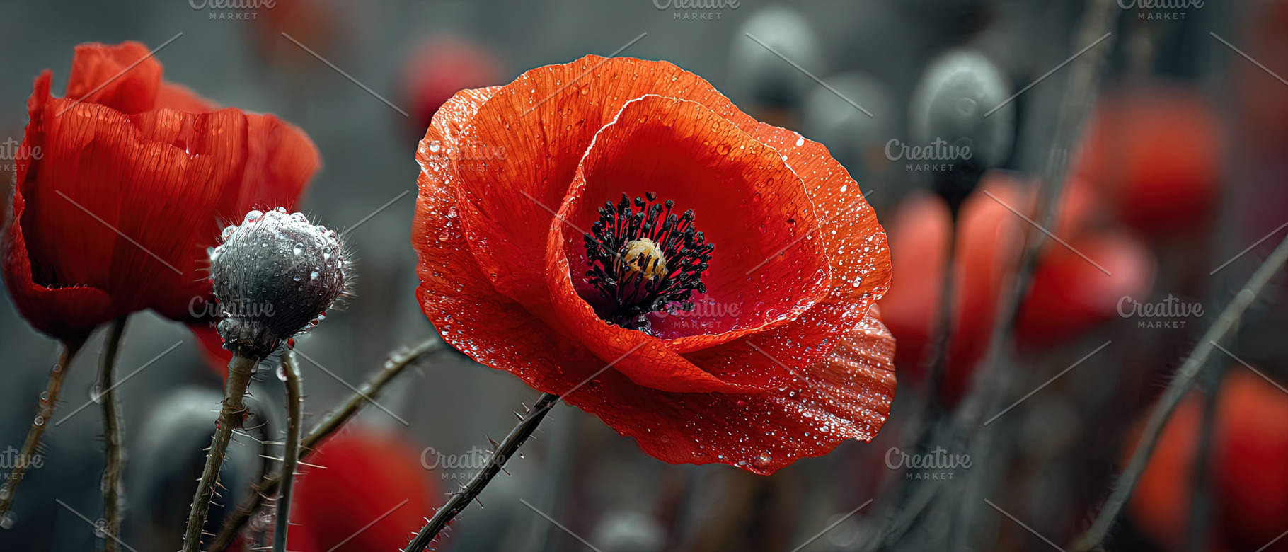Vibrant red poppy flower with dew drops, closeup against a soft, an Animal Photo by Ales Munt