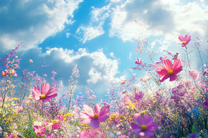 Beautiful spring and summer flowers on blue sky background, a Nature Photo by AlyaAnd