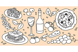 Hand drawn Italian cuisine elements, a Food Illustration by art PVP - market