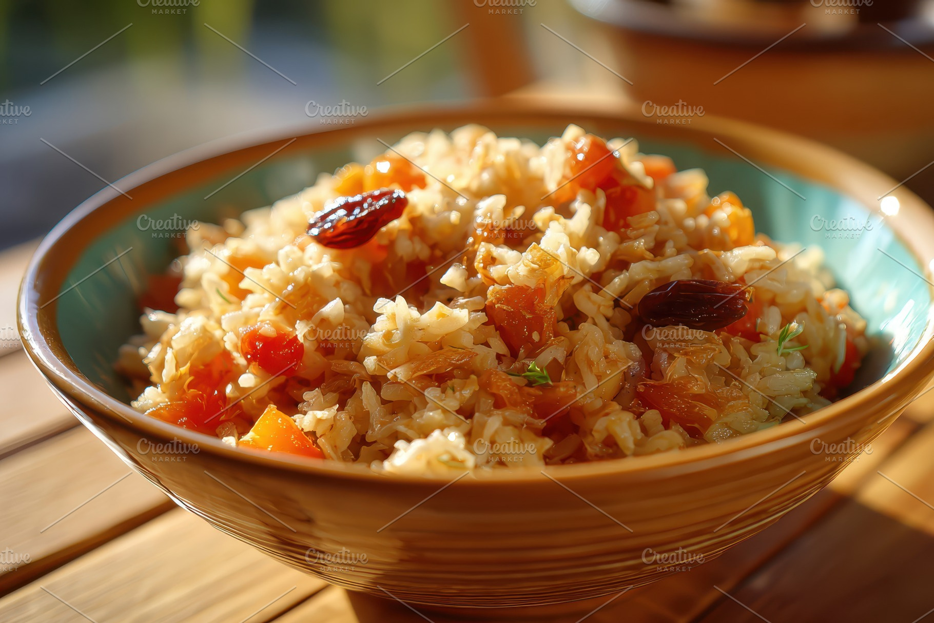 Delicious rice bowl with vegetables and dried fruits, a Food & Drink Photo by AlyaAnd