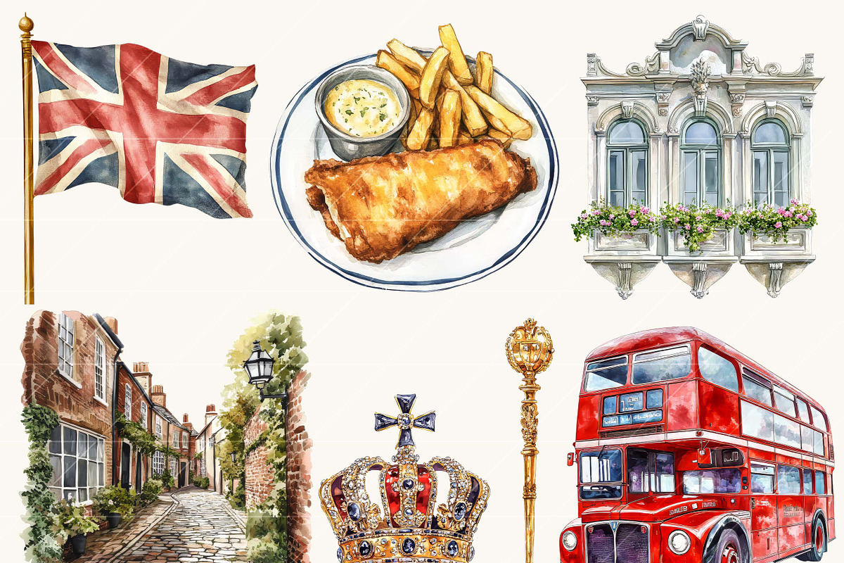 Watercolor London Vibes Clipart, an Object Illustration by BusyDaydesign (Photo 5 of 9)