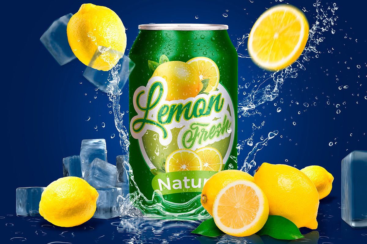 Tin Can Water Droplets Lemon Mockup, a Packaging Mockup by rogeriomarcos (Photo 2 of 6)