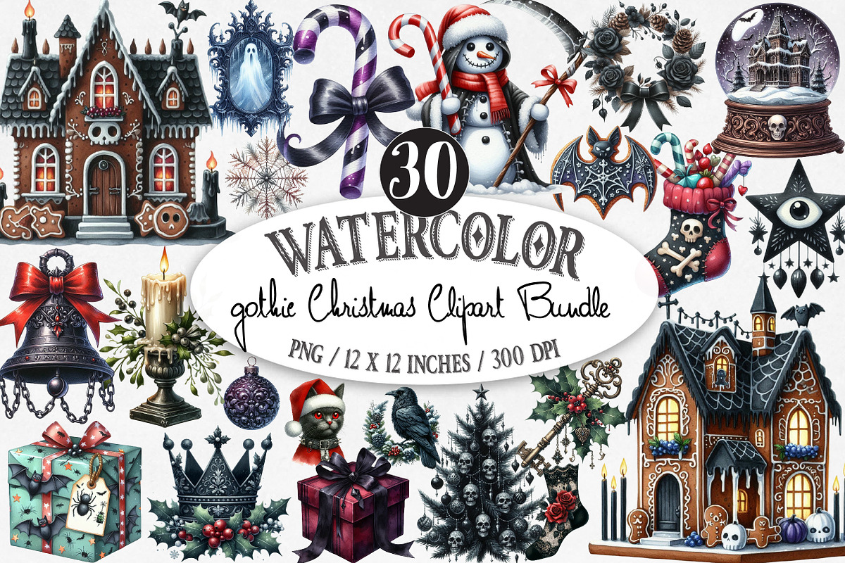 Gothic Christmas Watercolor Clipart, an Illustration by Designking (Photo 1 of 5)