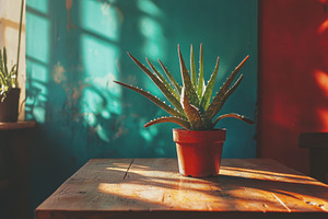 Sunlit aloe plant on a wooden table, a Photo by Pavel_design