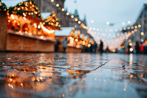 Festive winter market with glowing lights and reflections, a Holiday Photo by AlyaAnd