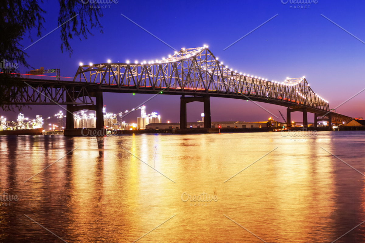 Baton Rouge Bridge Over Mississippi River in Louisiana at Night, a Photo by CrackerClips Stock Media (Photo 1 of 2)