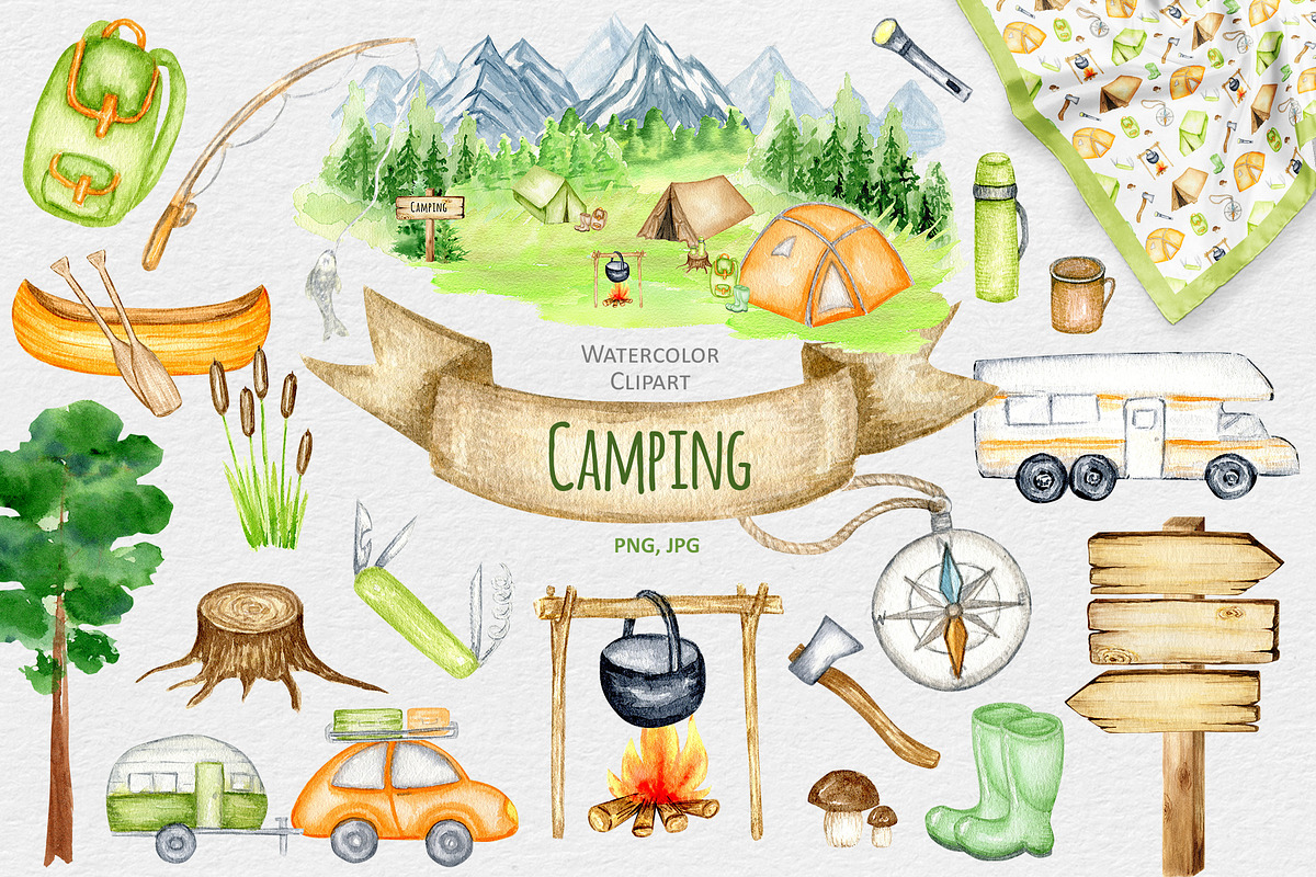 Camping & Travel Watercolor Clipart, an Object Graphic by svetlanaARTdreams (Photo 1 of 12)