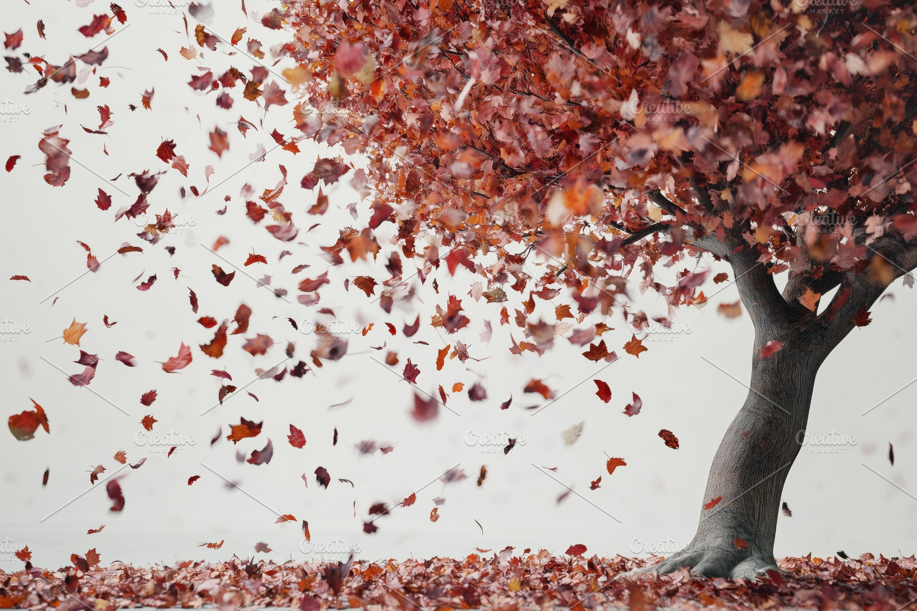 A vibrant autumn tree shedding colorful leaves, with a flurry of red and orange, a Photo by Textures & Backgrounds