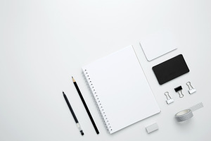 On a white background, an empty mock up notebook, white and black cards, monoch, a Photo by matucha