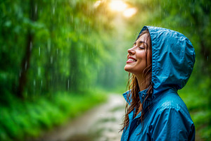 Joyful woman in a raincoat, a Photo by rarrarorro