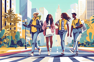 Group of friends walking in modern cityscape during a sunny day, an Illustration by AS photostudio