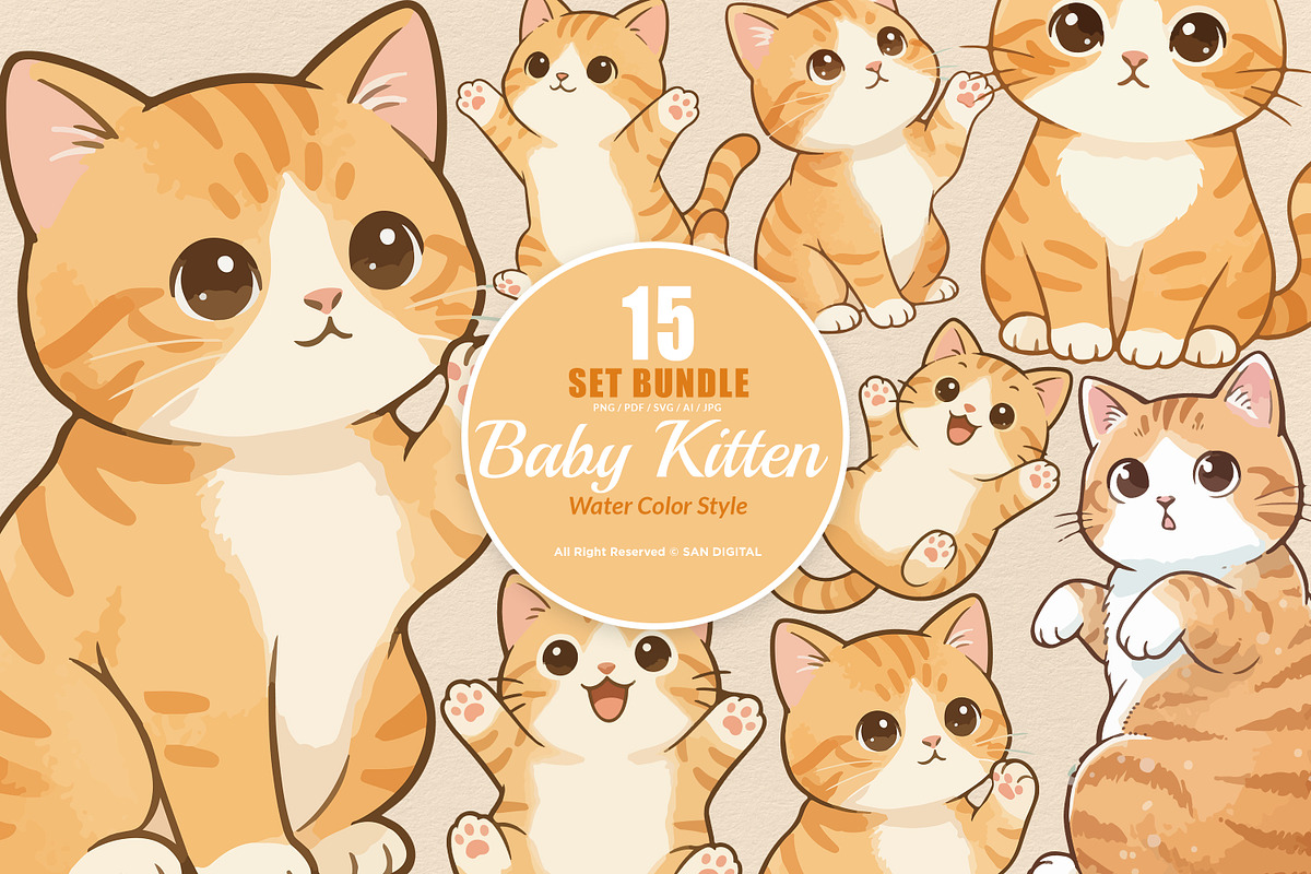 15 Bundle Watercolor Baby Kitten Pet, an Animal Illustration by Morspective (Photo 1 of 8)
