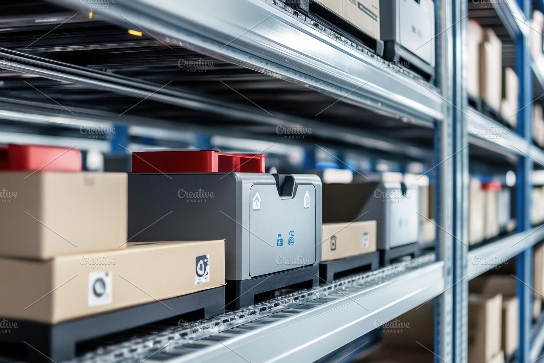 Warehouse shelves filled with organi, a Photo by Tanuart