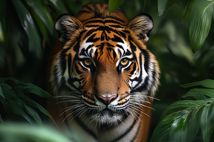 Tiger portrait amidst lush foliage,, an Animal Photo by Pixeness