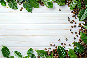 Flat lay of coffee beans with green leaves and copyspace for text on white wood, a Food & Drink Photo by AlyaAnd