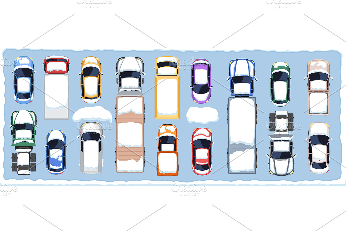 Top view of cars covered with snow, a Transportation Illustration by Yayasya