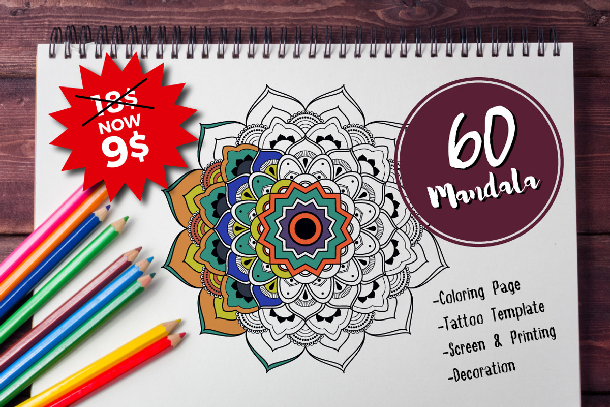 60 Mandala Tattoo & Coloring Page, a Decorative Illustration by Raftel (Photo 1 of 5)