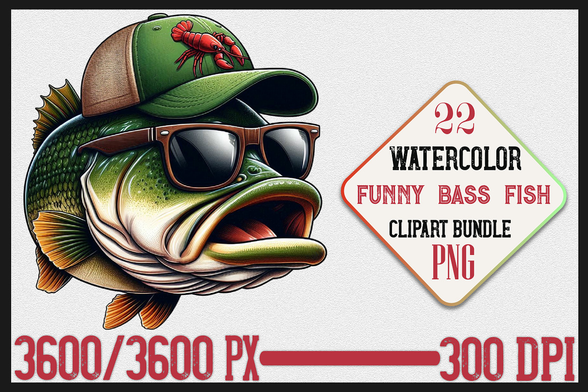 Watercolor Funny Bass Fish PNG, a Seasonal Illustration by Craft Nest (Photo 1 of 6)