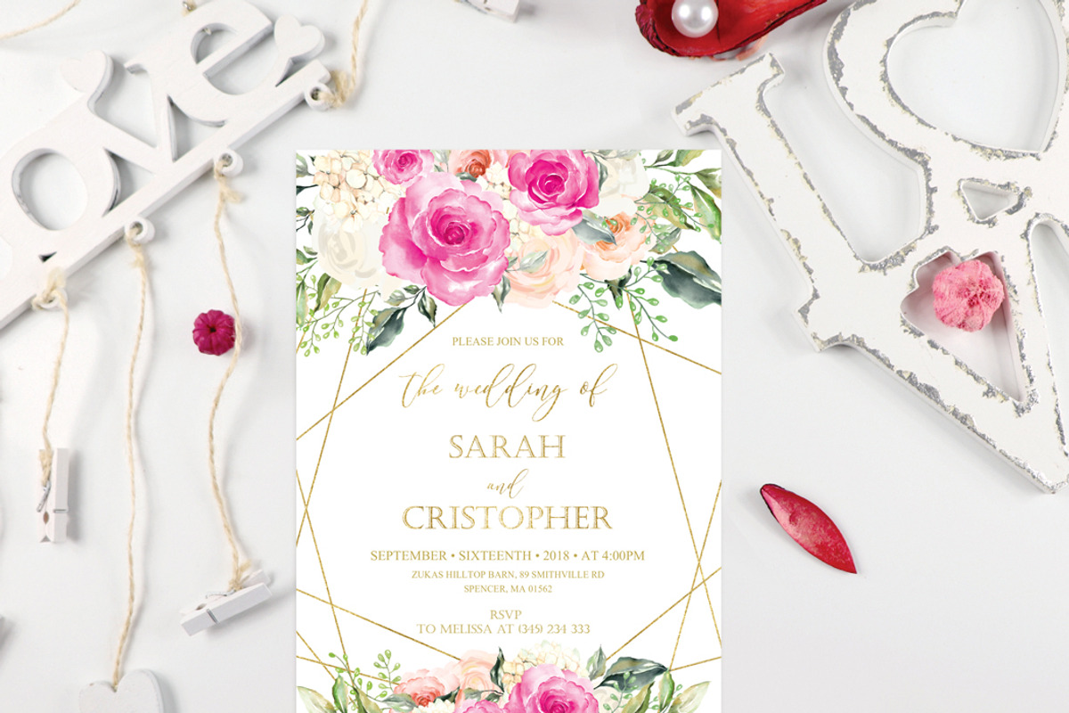 Hot Pink and Gold Blush Pink Roses, an Invitation Template by DreamsClipArt (Photo 3 of 4)