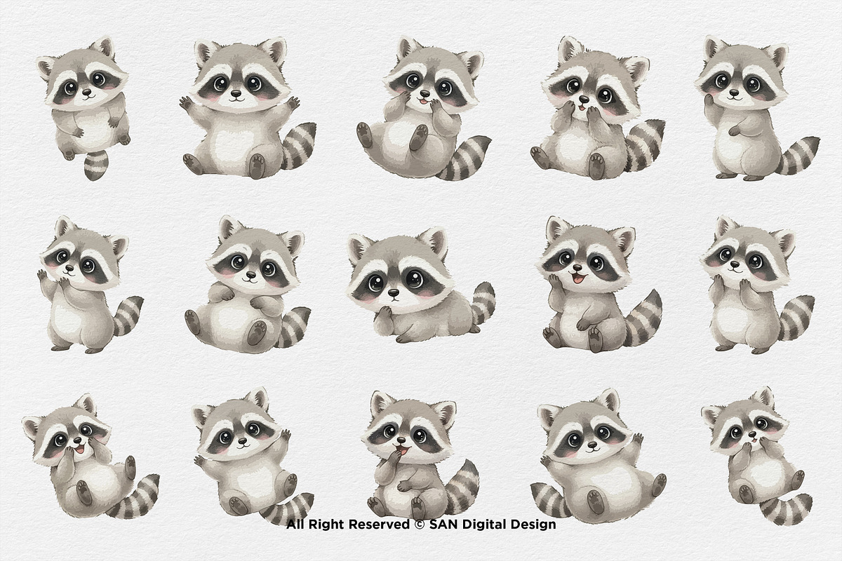 15 Bundle Watercolor Cute Raccoon, an Animal Illustration by Morspective (Photo 8 of 8)