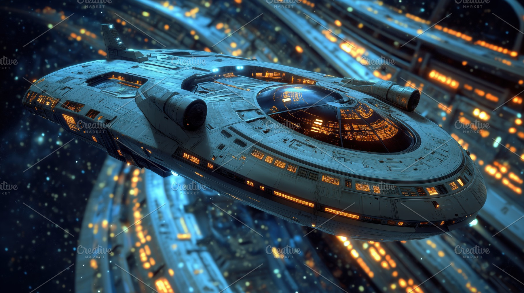 A futuristic spaceship gliding through space, surrounded by glowing stars and a, an Arts & Entertainment Photo by Textures & Backgrounds