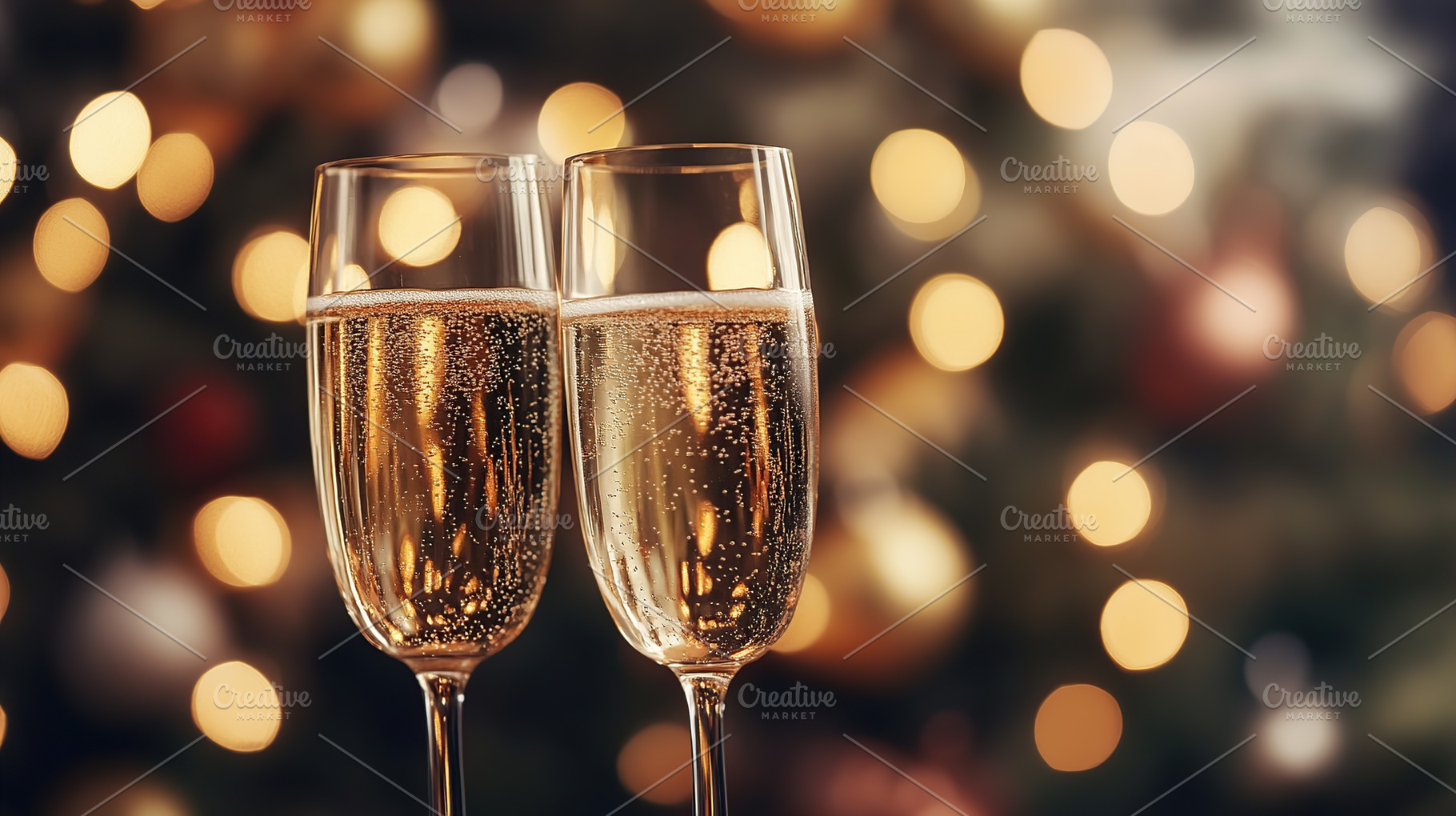 Two glasses of champagne on blurred lights background, a Food & Drink Photo by AlyaAnd