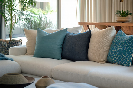 A modern Coastal interior design style living room featuring a white sofa adorn, an Arts & Entertainment Photo by Textures & Backgrounds