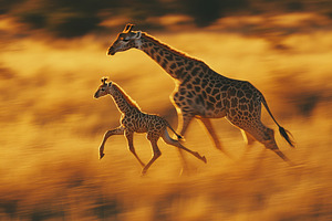 Giraffe and Calf Running Golden Suns, an Animal Photo by Pixeness Studio