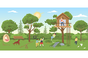 House On Tree Vector Kids Play On