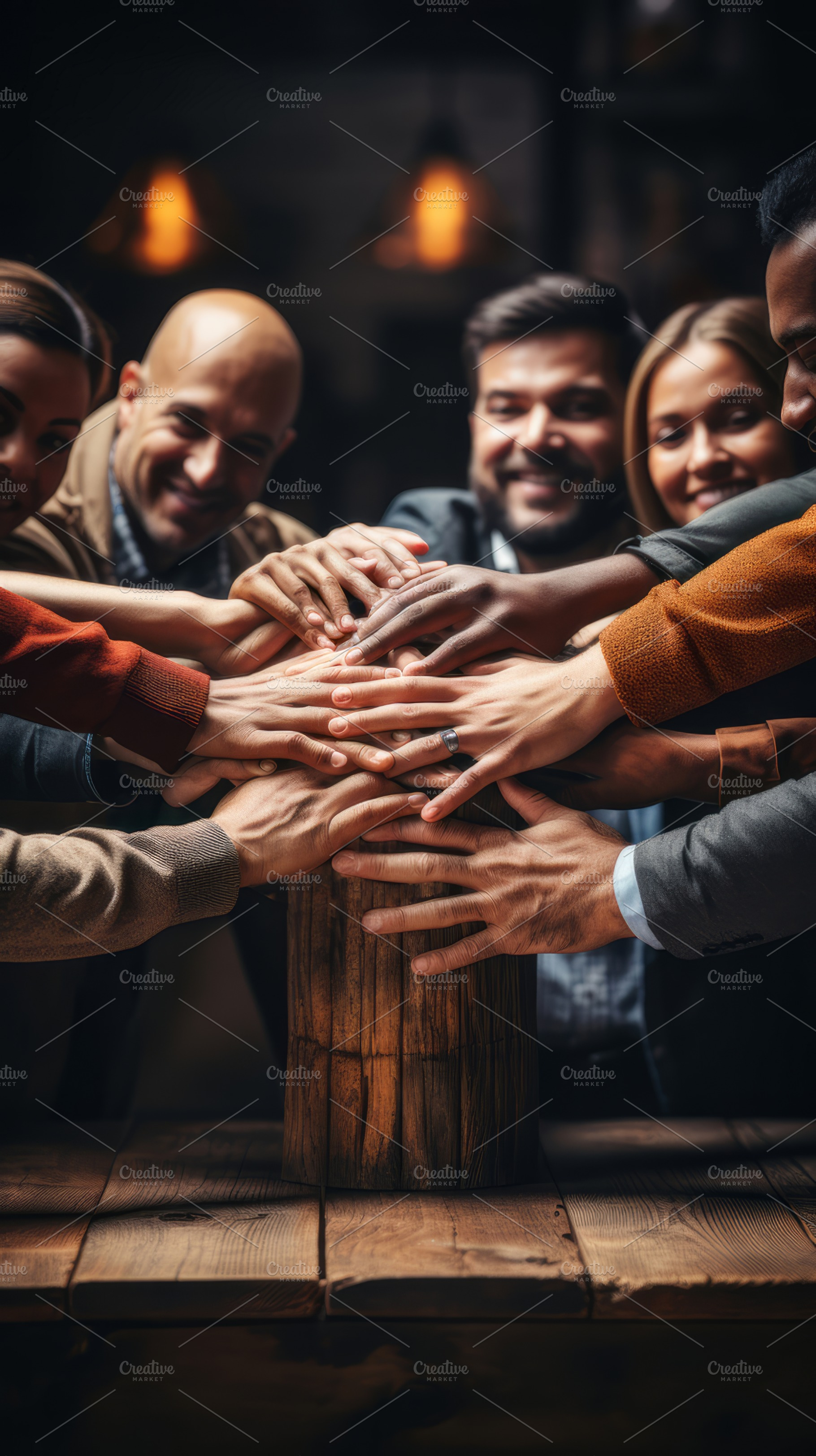 Diverse Business Team Joining Hands in Unity and Teamwork, a Photo by AS photostudio