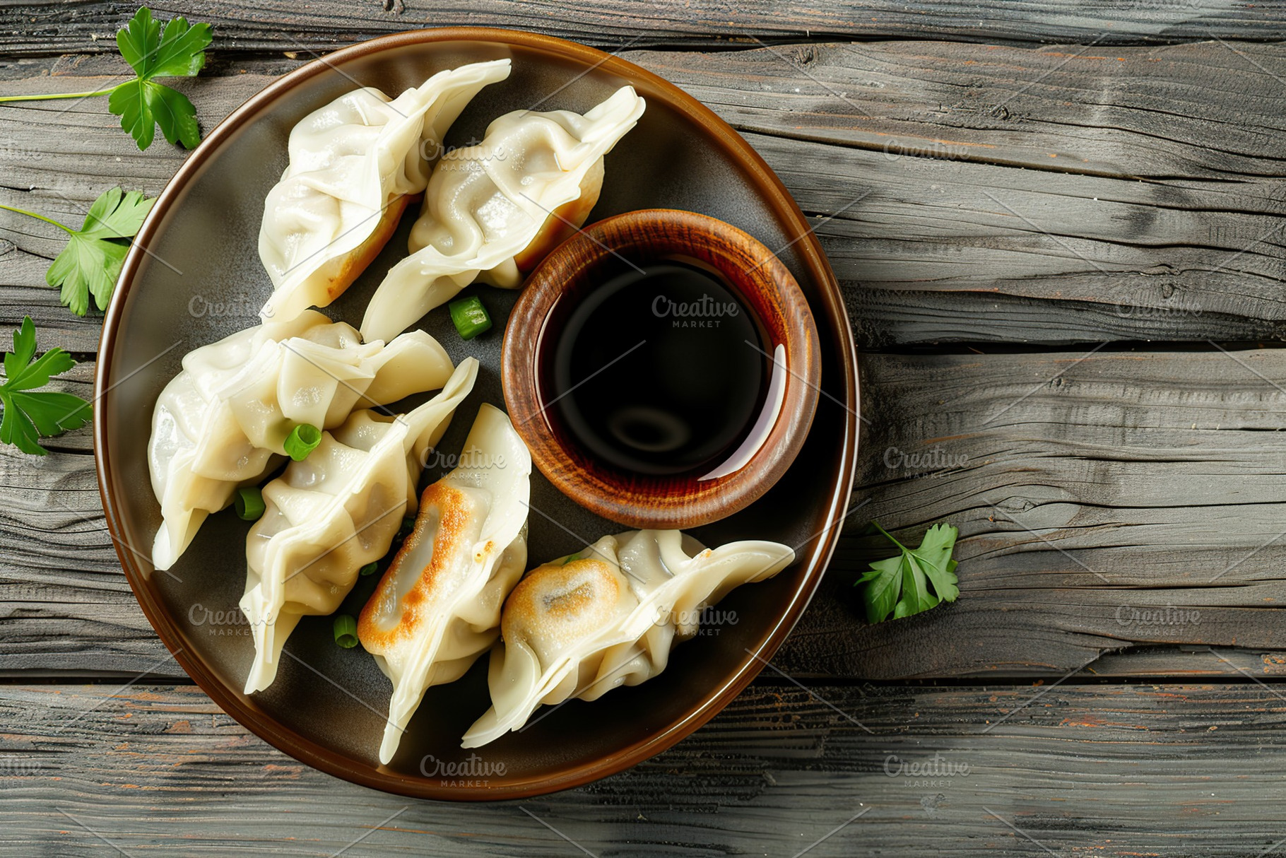 Homemade meat dumplings on wooden table, a Food & Drink Photo by AlyaAnd