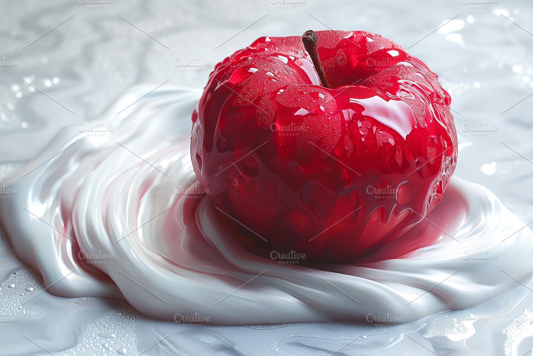 A vibrant red apple glistens atop a smooth, white liquid surface, evoking fresh, a Background Photo by ImageMir