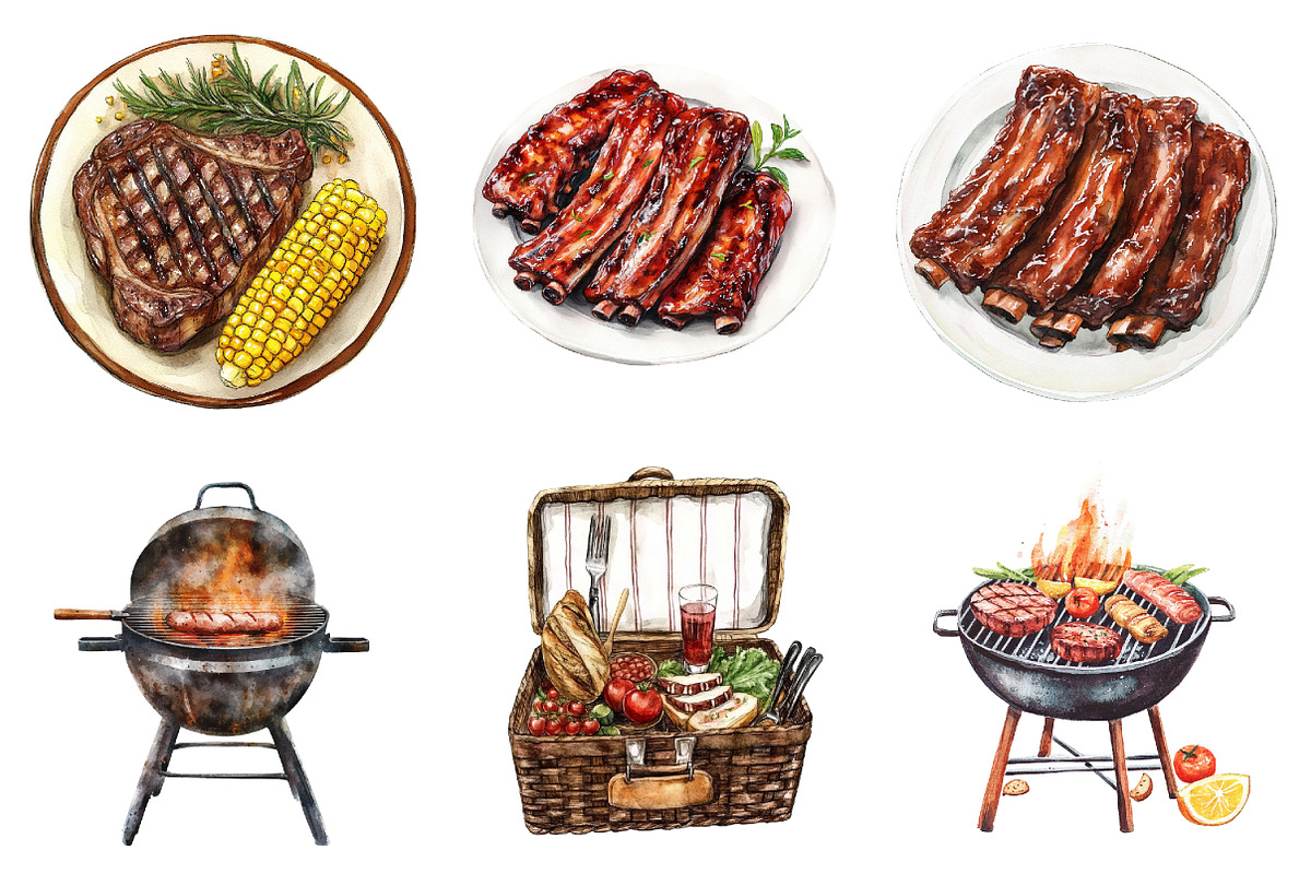 Watercolor BBQ Barbecue Clipart, an Illustration by designcity5 (Photo 2 of 5)
